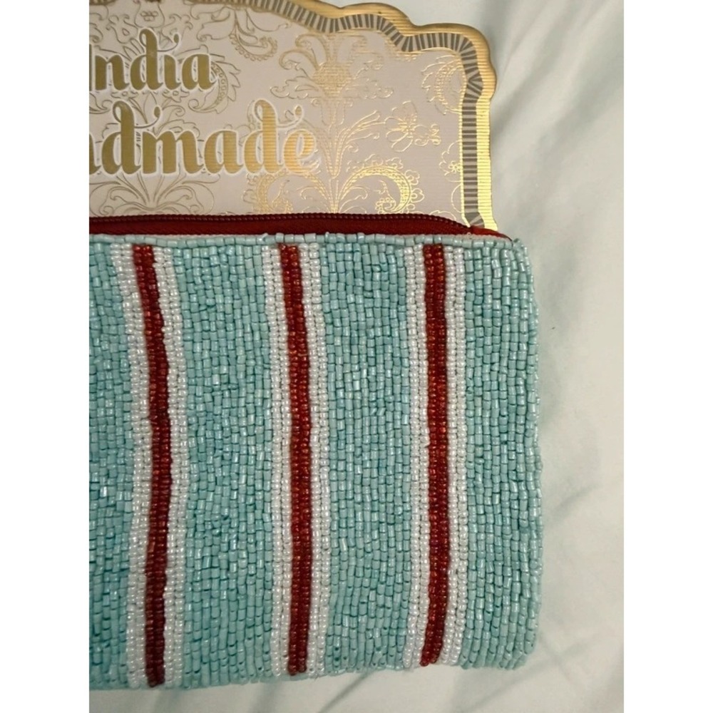 NEW India Handmade Beaded Striped Clutch Tassel Bag Blue Red White Medium Size - Picture 5 of 6